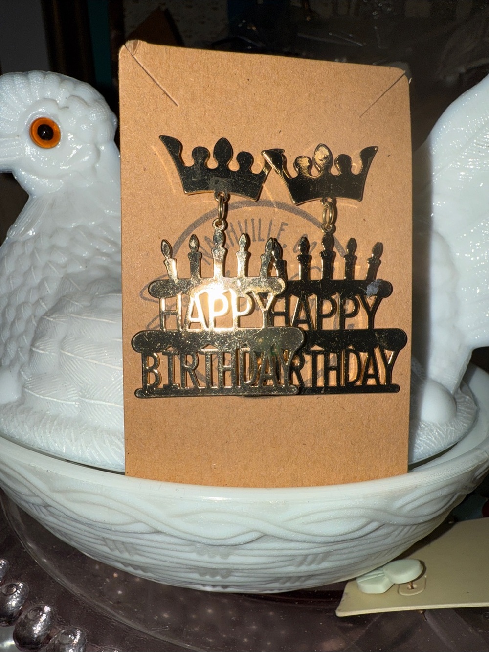 Trendy boutique Gold 'Happy Birthday' Crown Drop Earrings